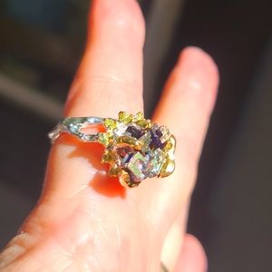 Bismuth & Peridot sterling & gold ring sz9